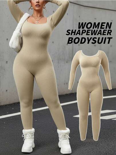 Plus Size Women Seamless Slimming Bodysuit With Compression, Long Sleeve And Pants