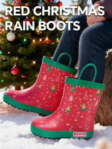 Rote Weihnachts-Babyschuhe Regenstiefel, wasserdichte Stiefel mit starkem Griff, einfacher An-/Ausziehgriff, leicht zu reinigen, geeignet für Outdoor-Aktivitäten Regenschuhe