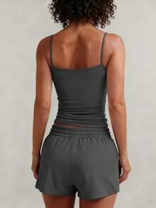 XLLAIS Sexig rygglös V-ringad damlinne, elastisk avslappnad spaghettiband sommar vit topp - Grå - Visa 2