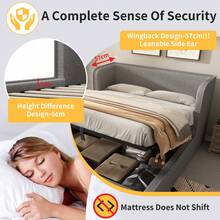 Upholstered Double Bed 180x200 With Hydraulic Storage, Black Frame With Slatted Base, Wide Side Panels And Removable Grey Linen Cover (Mattress Not Included) - Gray + Linen - View 4