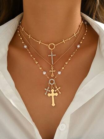 3pcs Multilayer Cross Pendant Necklace, Vintage American Style Rhinestone Pearl Cross Choker Necklace, Suitable For Women's Daily Wear, Party Outfits, Matching Casual Clothes, Camisoles, Shirts