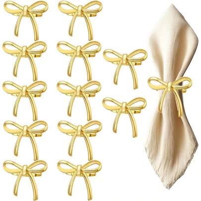 1-12 Pcs Gold Bow Napkin Rings, Metal Alloy Napkin Holders, For Wedding, Thanksgiving, Christmas Table Setting, Holiday Party Decor, Family Gathering, Dinner Decorations