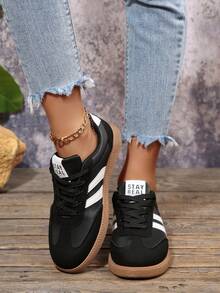 女士休闲百搭豹纹运动鞋，时尚吸睛舒适耐穿橡胶软底运动鞋，透气轻便拼接运动鞋 - 黑色 - 查看 4