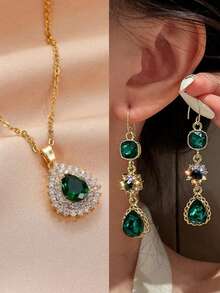 3pcs/Set Dark Green Earrings And Necklace Set - Dark Green - View 4