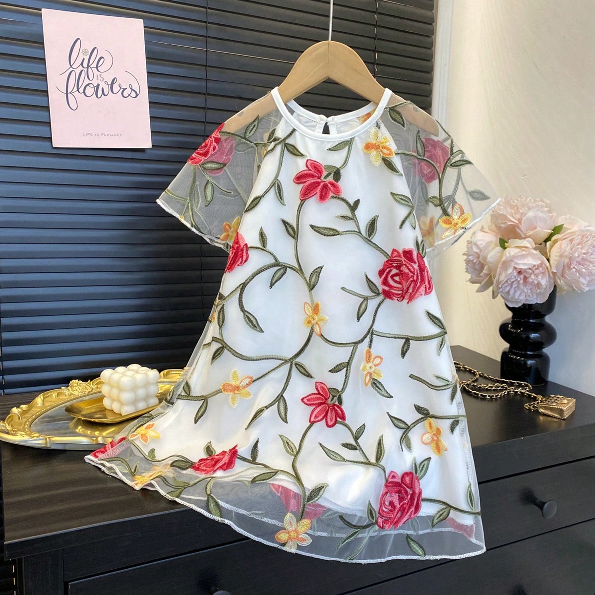 Vestido de princesa de tul con bordado floral de moda para niñas, verano