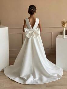 Váy satin cổ chữ V khoét sâu cho bé gái tuổi teen, váy công chúa cho bé gái, thích hợp làm quà tặng sinh nhật cho tuổi teen, váy dạ hội trang trọng cho vũ hội, tiệc cocktail, đám cưới, phù dâu, tiếp viên, dịp đặc biệt - trắng - Xem 3