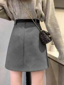 Asymmetrical Design Wool A-Line High Waist Midi Skirt - Grey - View 2