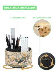 360° Rotating Cosmetic Storage Box, Art Supply Storage Box, Remote Control Holder, 4-Compartment Multi-Functional Pen Holder Desktop Stationery Storage Box (Magpie On A Branch) - Multicolor - View 10