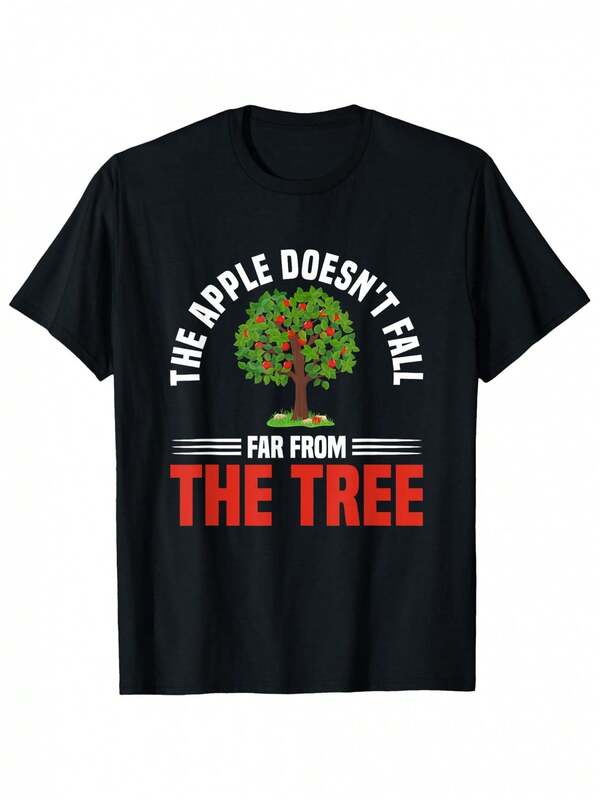 Camiseta Casual de Cuello en V para Hombres y Mujeres - Gráfico de La Manzana No Se Caiga Lejos del Árbol, Tela Suave y Transpirable, Camiseta de Manga Corta de Ajuste Relajado para Actividades al Aire Libre, Senderismo y Atuendo Casual, Primavera Verano Otoño, Negra con Texto Rojo y Blanco, Ropa Unisex para Adultos, Camiseta Gráfica Juguetona para Senderismo, Ajuste Cómodo, Camiseta de Senderismo