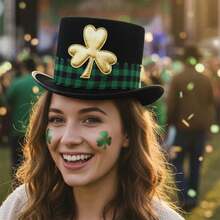 Irish Leprechaun Top Hat For Women Men Shamrock Black Band/Plaid Band Costume Accessory Cap - Black - View 3