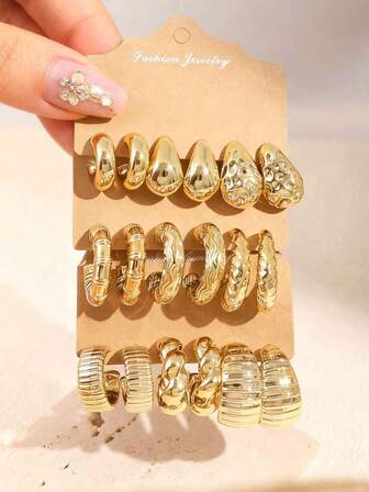 2/6/18pcs Gold Tone Earring Set - Featuring Chic Spiral & Ruffle C-Shaped Hoops, Paired With Glossy Dome & Teardrop Stud Earrings, Versatile Jewelry For Daily Wear & Parties