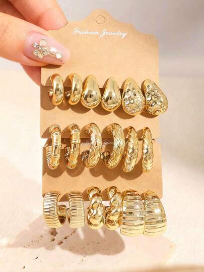 2/6/18pcs Gold Tone Earring Set - Featuring Chic Spiral & Ruffle C-Shaped Hoops, Paired With Glossy Dome & Teardrop Stud Earrings, Versatile Jewelry For Daily Wear & Parties