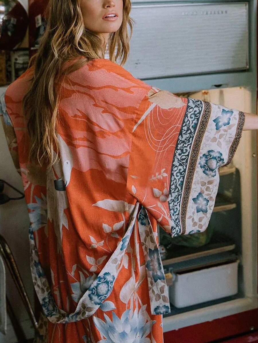 Women's Kaftan Beach Positioning Printed Cardigan Kimono Robe Style Casual Vacation Poncho Dress Bikini Cover Up - Multicolor - View 1