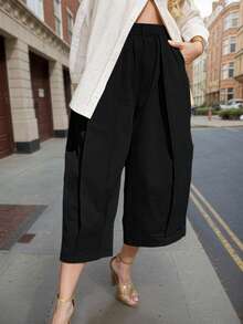 女士休闲黑色阔腿裤，法式休闲直筒裤，松紧腰带带口袋 - 时尚高品质宽松长裤，情人节夏季款 - 黑色 - 查看 2