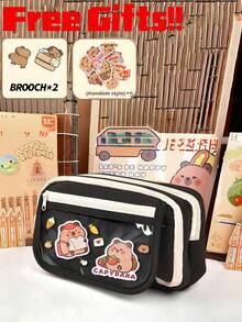 7pcs Set, Including Pencil Case & Doll, 5pcs Stickers, Cute Hamster Pencil Box, Multi-Layer Hamster Pencil Box, Hamster Brooch Hamster Bag, For Organizing School Items, Pens, Rulers, Erasers, Home Decor, (5pcs Stickers Random) - Beige - View 11