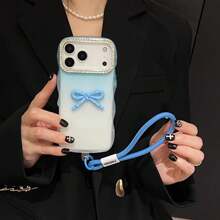 创意高端3D蝴蝶结硅胶软壳，全包覆三星Galaxy S25 Ultra、渐变透明S23 Ultra、镶钻镜头S22 S21，带腕带 - 淺粉色 - 查看 4