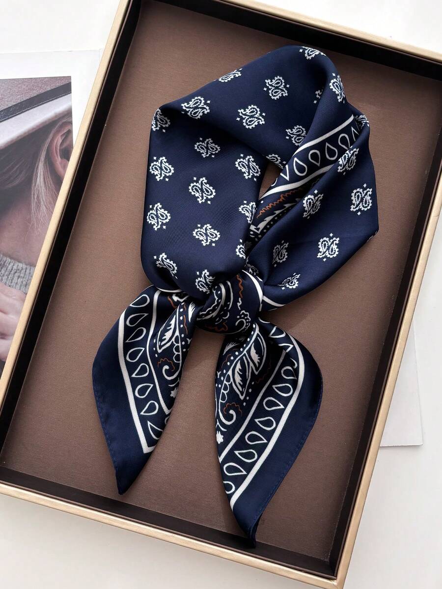 1pc 70*70cm Square Silk Scarf, Women's Satin Printed Headscarf, Neckerchief, Headband, Fashion Ladies Shawl, Scarf,Beach,Holiday - Navy - View 1