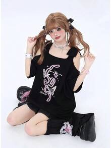 [Jundakara] Camisetas para Mujeres Sin Hombros Estampado de Mariposa Lindo Soñador Estilo Harajuku Estilo Coreano Estilo Preppy Estilo Landmine Estilo Sick Estilo Subcultura Estilo Genial Estudiante Sexy Moda Hogar Lindo Hombro Abierto Primavera Verano Otoño - Negro - Ver 7