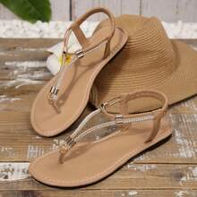 新波西米亚风，优雅精致的莱茵石装饰，舒适柔软，时尚简约人字拖凉鞋 - 女士优雅莱茵石装饰拖鞋，露趾平底合成革休闲鞋，时尚百搭设计，闪亮装饰，舒适日常穿着，鞋履 - 杏色 - 查看 4