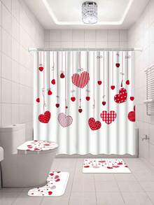 Valentine's Day Heart Shower Curtain Set, Includes 1/4 Pieces, Cartoon Pattern, Bathroom Curtains, Lightweight, Woven Polyester, Waterproof, Comes With Anti-Slip Bath Mat, Toilet Seat Cover And U-Shaped Mat, Includes 12 Hooks