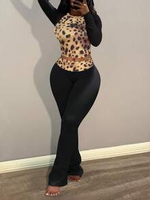 LovelyWholesale 女士休闲圆领豹纹长袖秋季女装T恤腰翻领拼接裤子两件套秋季女装