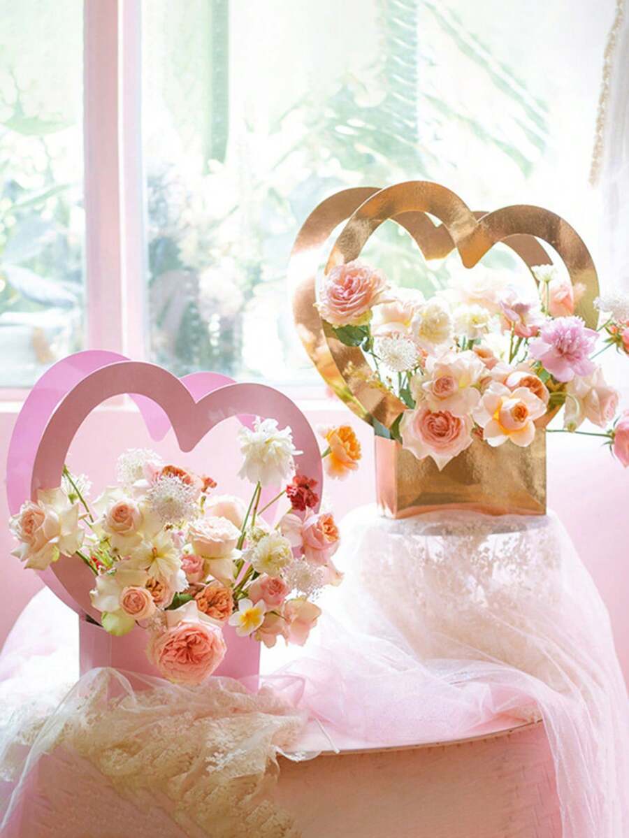 1/3/6个装 - 情人节、婚礼/婴儿派对心形鲜花礼盒、空花束、带提手礼品袋、折叠篮、新娘礼物派对、周年纪念派对用品（粉色） - 彩色 - 查看 1