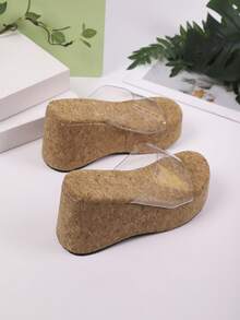 1双优雅性感女士坡跟橡胶底夏季凉鞋 - 杏色 - 查看 9