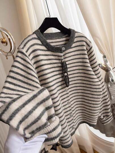 JIANHU Women's Grey & Beige Striped Knit Cardigan - Comfortable Loose Fit Sweater, Suitable For Christmas, New Year Holidays