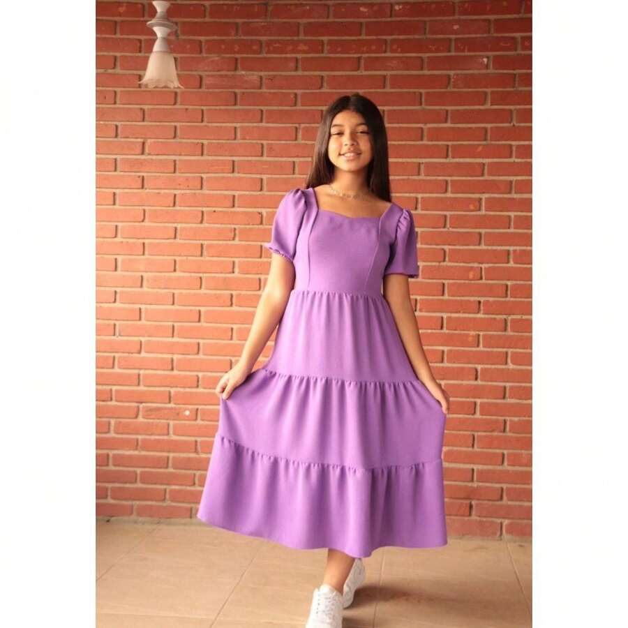 Krica Kids - Vestido Juvenil Midi Três Marias Festa Manga Bufante Liso