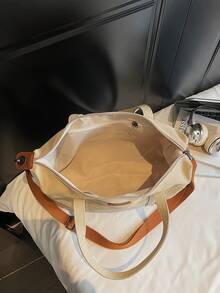 大容量帆布手提包，时尚学生通勤手提包，休闲百搭单肩包 - 卡其色 - 查看 5