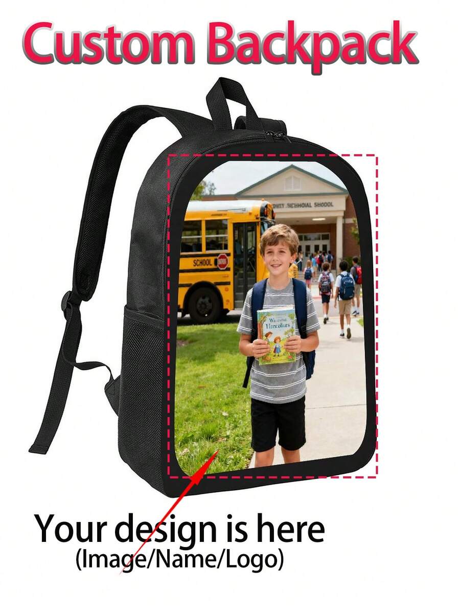 1pc Customizable Backpack With Your Photo/Name/Logo. This Multi-Functional Backpack Is Suitable For Daily Commuting, Hand-Washable, Lightweight, And Easy To Carry. It's Perfect For Outings And Travel. Personalized Photos Can Be Printed With Your Name Or Signature. Ideal For Family Photos, Pet Photos, Wedding Photos, Parent-Child Photos, Anniversaries, Graduations, Christmas, Halloween, Thanksgiving, National Day, Spring Festival, And Other Holidays, As Well As For Awards And Gifts For Friends. - Black - View 1