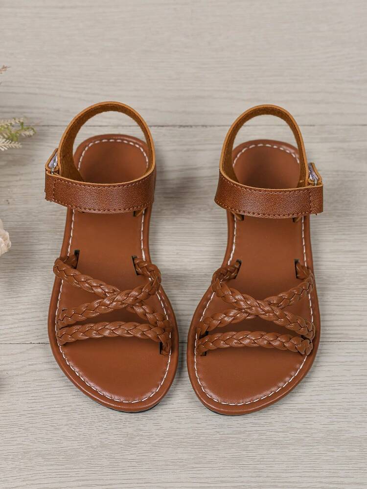 1 Pair Girl's Summer PU Woven Strap Sandals, Breathable Lightweight Hollow Casual Beach Vacation Shoes, Cute College Style Classic - Brown - View 3