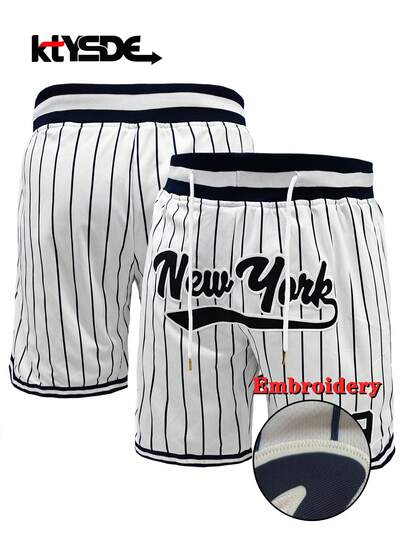 KTYSDE Men's #99 Classic Striped Baseball Shorts, New York Embroidered Letter, Loose Comfortable Sports Shorts, Suitable For Basketball, Baseball, Golf, Daily Sports, Running, Gym, Beach