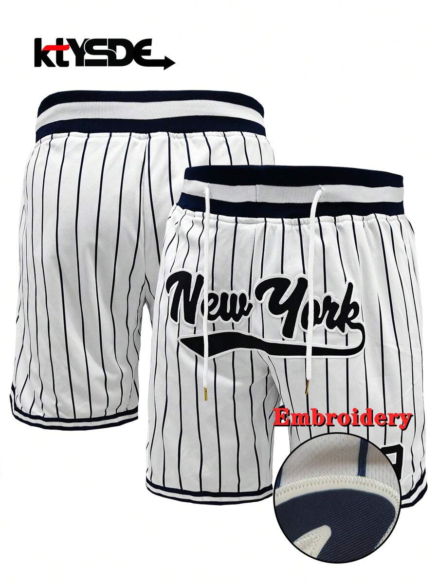 KTYSDE Men's #99 Classic Striped Baseball Shorts, New York Embroidered Letter, Loose Comfortable Sports Shorts, Suitable For Basketball, Baseball, Golf, Daily Sports, Running, Gym, Beach - White - View 1