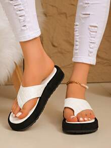 Girl's Thick Sole Flip Flops, Flat Thong Sandals For Summer, Beach Wear - White - View 1