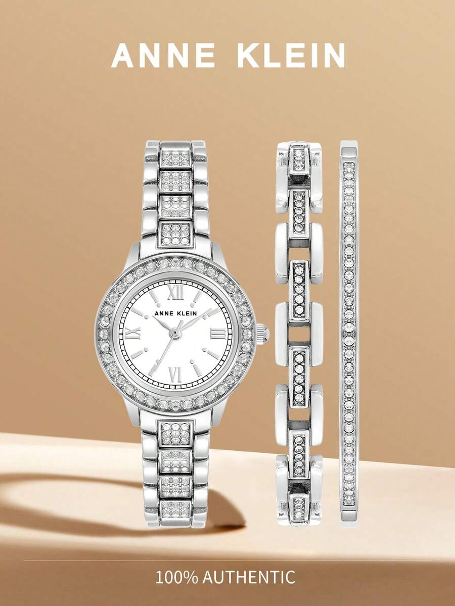 Anne Klein Bộ đồng hồ và vòng tay đính pha lê bạc cho nữ Bộ đồng hồ tròn thạch anh có hai dây xích Bộ đồng hồ Analog quà tặng giản dị thanh lịch cho nữ - Bạc - Xem 1
