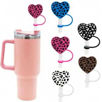 硅胶吸管盖，10个装，情人节爱心杯吸管装饰，可爱豹纹爱心吸管盖，10毫米（0.4英寸）吸管盖配件，适用于40盎司可重复使用的吸管头盖