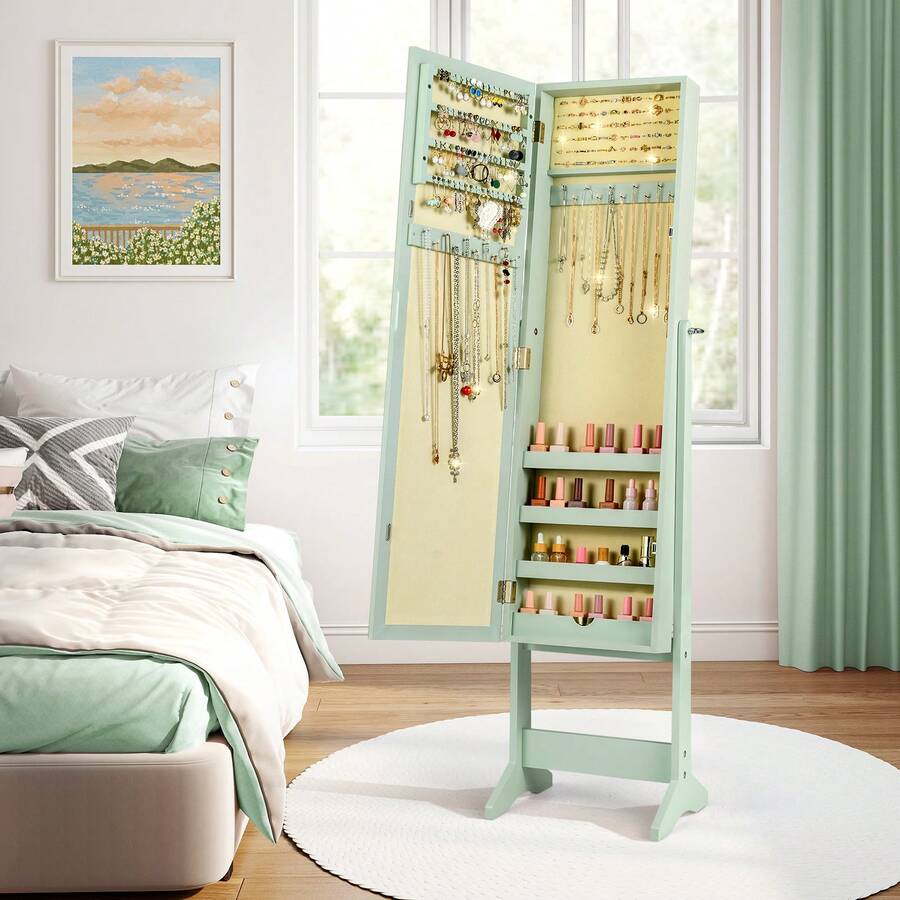 Lifezeal Jewelry Mirrored Cabinet Armoire Organizer Storage Box With Stand Christmas Gift Green - Green - View 1