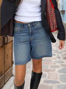 Y2K Washed Denim Shorts, Vintage Street Style Side Pockets, Distressed Wide Leg Bermuda Jeans, Casual Comfortable Summer Holiday Shorts For Women - 深藍色 - 查看 2