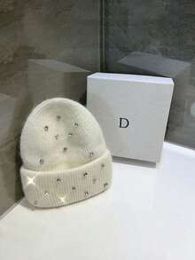 1pc Heavy Sequin Accent Rabbit Fur Knitted Hat Women, Warm & Thick, Fashion & Versatile, Autumn/Winter - 彩色 - 查看 3