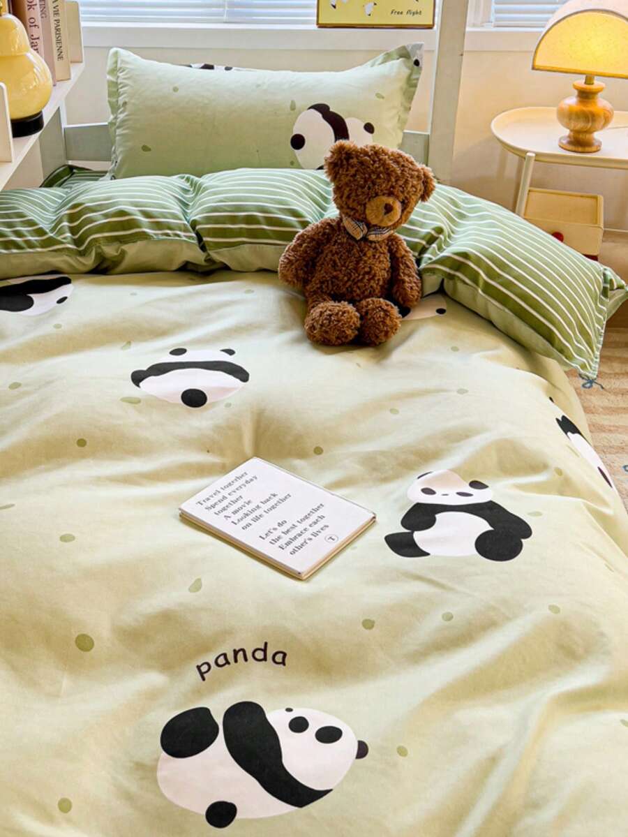 四件套（1件被套+1件床单+2件枕套），家用/宿舍适用，绿色熊猫条纹印花，双面设计，AB版，柔软磨毛面料，保暖，不易褪色，抗菌