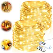 Cadena de luces con pilas, 10 m, 100 ledes, carga USB, con mando a distancia y temporizador, resistente al agua, para interior y exterior, fiesta, boda, Navidad, decoración (blanco cálido) - 1 - Ver 8