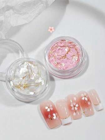 2 piezas de flores de cerezo blancas y rosas con lentejuelas, cuentas de acero, hilo dorado para decoración de uñas, pétalos mixtos, calcomanías, decoración de taladro de arte de uñas