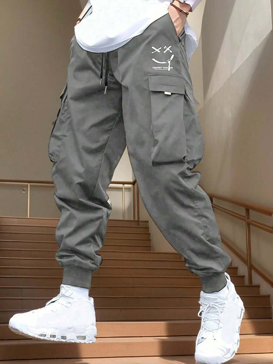 Men's Lightweight Casual Cargo Pants With Print Side Pockets, Spring/Summer - Grey - View 1