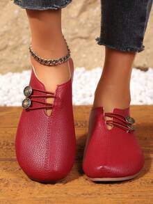 Solid Color Casual Buckle Outdoor Soft Leather Flat Round Toe Slip-On Fashion Loafers - Red - View 9