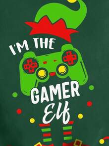 Ein rot-grüner Hut, ein Aufdruck mit Gamecontroller- und Sockenmotiven sowie ein übergroßes, lässiges, vielseitiges, locker sitzendes Langarm-Sweatshirt mit überschnittenen Schultern. - Dunkelgrün - Übersicht 3