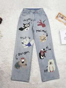 Y2K街頭洗水字母卡通印花斜口袋寬腳牛仔褲，學院風舒適牛仔褲 - 藍色 - 查看 6