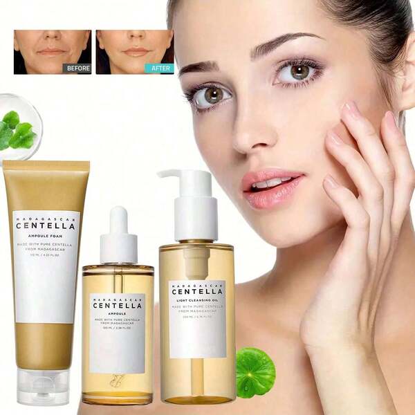 مجموعة العناية بالبشرة من Centella Asiatica من مدغشقر - جوهر + زيت التنظيف + حليب التنظيف - صندوق العناية الأساسية بالبشرة، طقم هدايا، هدية للسيدات