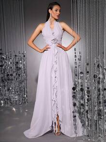 优雅性感3D立体花卉装饰露背吊带连衣裙 - 淡紫色 - 查看 7