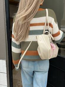 Women's Casual Contrast Stripe Dropped Shoulder Long Sleeve Sweater - Multicolor - View 2